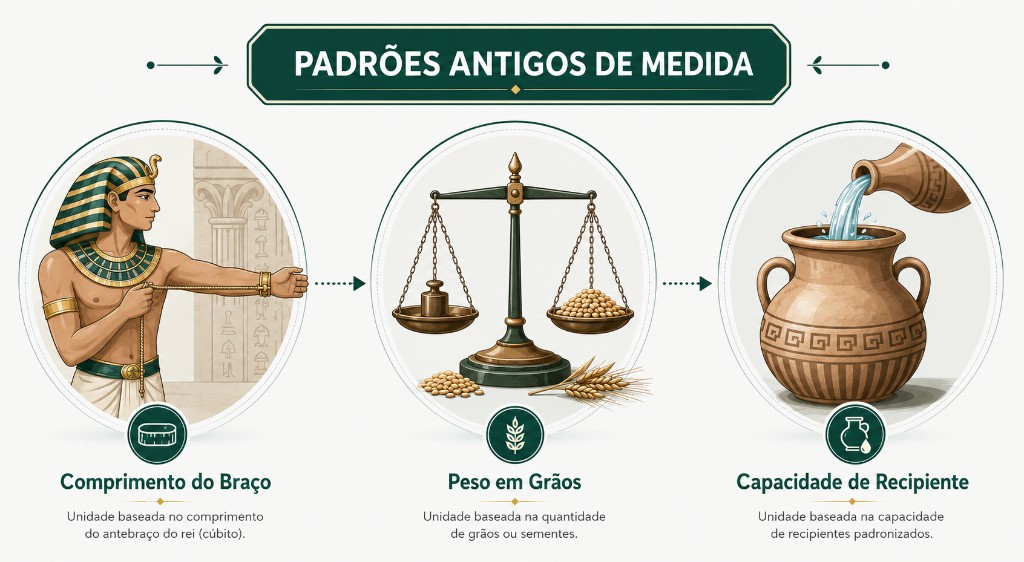Infográfico sobre padrões antigos de medida: comprimento do braço, peso em grãos e capacidade de recipiente